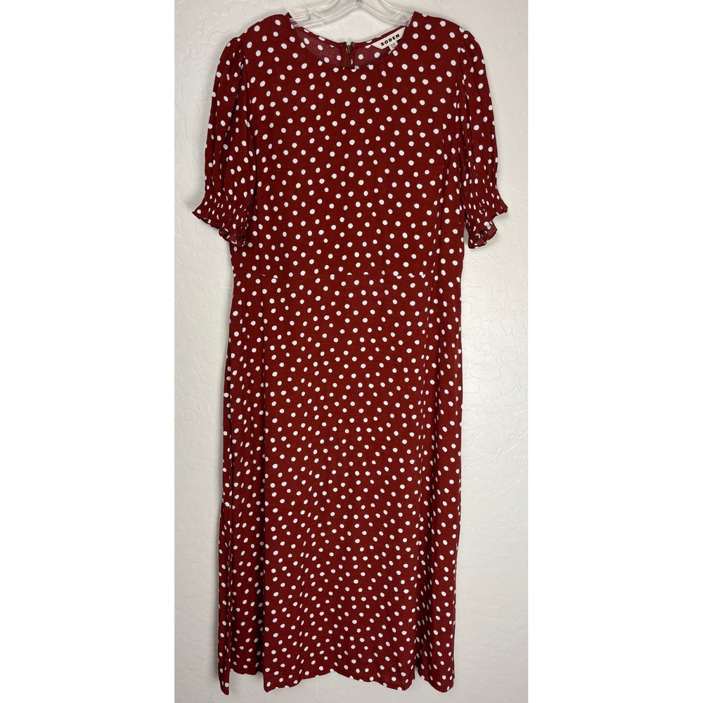 Boden Rust Red Polka Dot Midi Dress Short Puff Sleeve Pockets Sz 12R 2376